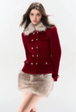 Napoleon Faux Fur Collar Jacket And Mini Skirt Two Piece Set
