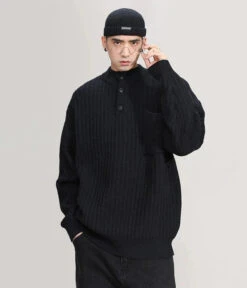 Mock Neck Ribbed Knit Sweater With Chest Pocket -Modern Wear Shop 50b194fb01a4bf029339be19d60d4171