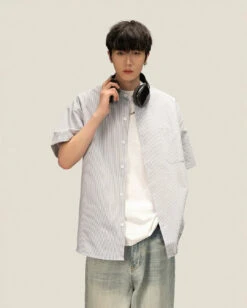 Pinstripe Short Sleeve Button-Up Shirt With Chest Pocket -Modern Wear Shop 50baf50a36a35717885da009765b884b