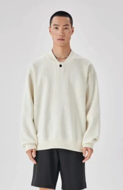 Textured Stripe Ribbed Trim Sweater With Button Details