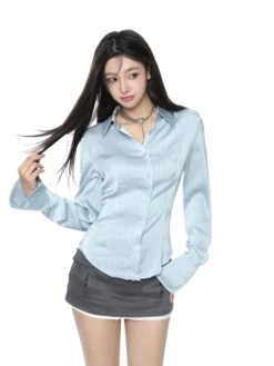 Pinstripe Satin Button-Up Shirt With Flare Long Sleeve