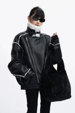 Oversized Faux Leather Jacket With Sherpa Lining And Trim -Modern Wear Shop 510c28e6395cc20d1023d5a81047531c