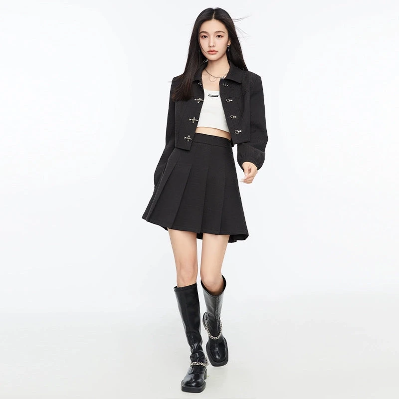 Boxy Collared Crop Jacket With Fireman Buckles And Mini Skirt Two-Piece Set 10 Boxy Collared Crop Jacket With Fireman Buckles And Mini Skirt Two-Piece Set - Image 10
