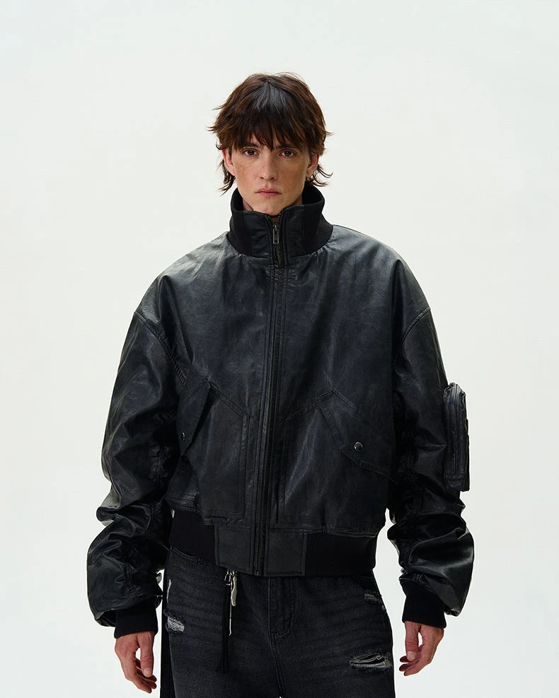 Oversized Faux Leather Mid Crop Bomber Jacket With Sleeve Zip Pocket 1 Oversized Faux Leather Mid Crop Bomber Jacket With Sleeve Zip Pocket