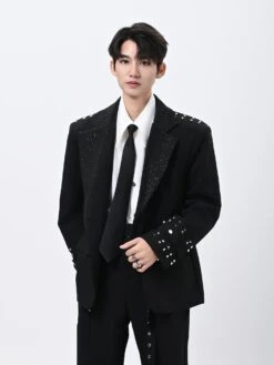 Oversized Embellished Studded Blazer With Glitter Lapel Detail