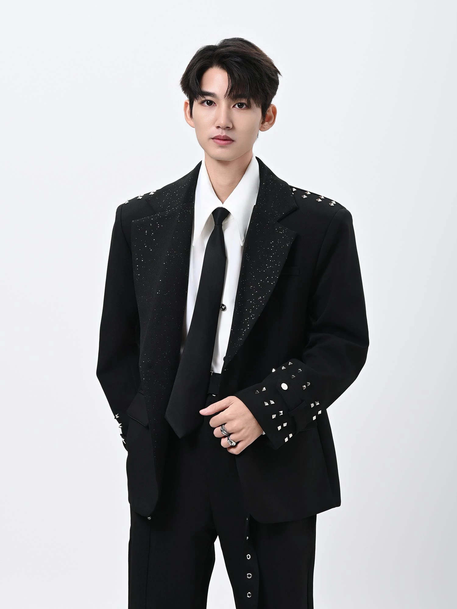 Oversized Embellished Studded Blazer With Glitter Lapel Detail 1 Oversized Embellished Studded Blazer With Glitter Lapel Detail