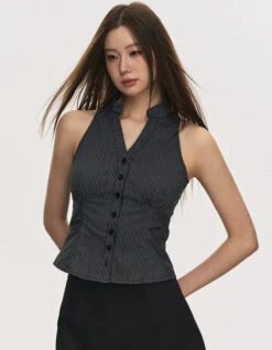 Pinstripe Sleeveless Collared Button-Up Top -Modern Wear Shop 51674677b4fe4e5f6b97c95bb2d9f4a2