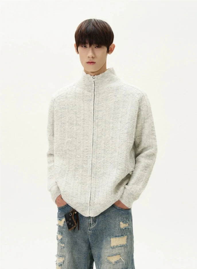 Fuzzy Ribbed Trim Mock Neck Zip Jacket 2 Fuzzy Ribbed Trim Mock Neck Zip Jacket - Image 2