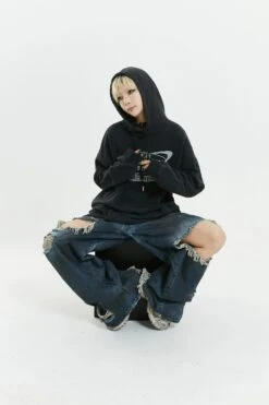 Wide-Leg Distressed Knee-Blown Denim Jeans -Modern Wear Shop 5208b1f102524624a37d930852c33436