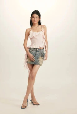 Spaghetti Strap Ruffle Trim Top With Floral Accent -Modern Wear Shop 5220e010fbdad4866fa413e8fb983b7e