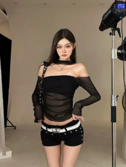 Sheer Off-Shoulder Long Sleeve Crop Top With Mesh Sleeves -Modern Wear Shop 524ef8d92d0b5c8caba041df51cd331d