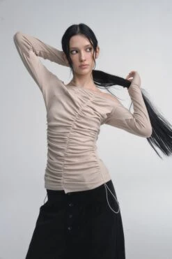 Asymmetric Ruched Off-Shoulder Long Thumbhole Sleeve Top -Modern Wear Shop 5264ebebfa0f33cf664559a72d0feaf7