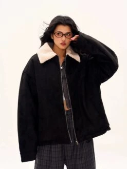 Oversized Contrast Shearling Collar Zip Jacket -Modern Wear Shop 529be86a0b511202bd14d7b0d829f57f