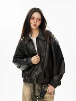 Faux Leather Bomber Jacket With Elastic Cuffs And Hem -Modern Wear Shop 529c7a508f090cf27e7c2ae245dd159c