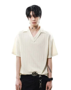 Textured Knit V-Neck Polo Collar Short Sleeve Top -Modern Wear Shop 52e5ec28e70cc9388c7b59885b13adf2