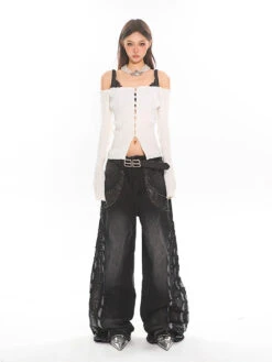 Off-Shoulder Ribbed Crop Top With Pearl Button Detail -Modern Wear Shop 52eafe054872f503c3f9792c753ebb11