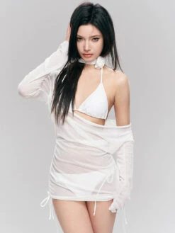 Sheer Ruched Drawstring Blouse And Bikini Set