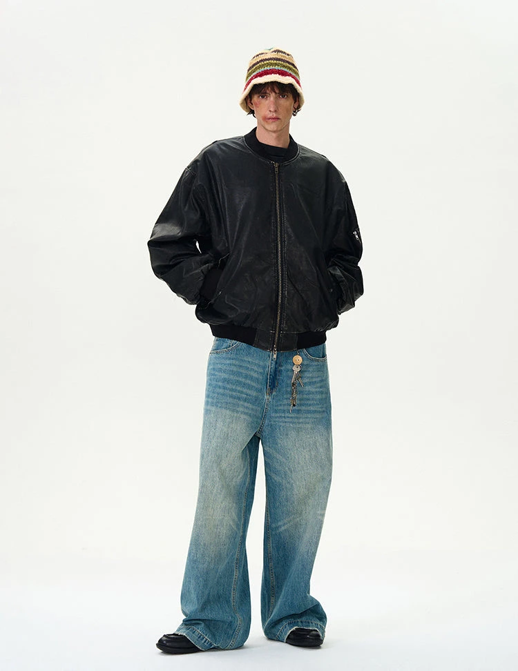 Oversized Distressed Faux Leather Bomber Jacket With Sleeve Pocket 16 Oversized Distressed Faux Leather Bomber Jacket With Sleeve Pocket - Image 16