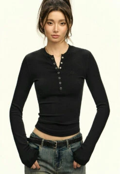 Ribbed Long Sleeve O-Neck Henley Top 39 Ribbed Long Sleeve O-Neck Henley Top -Modern Wear Shop 52fa7a54ab8dbe2f4915653005399047