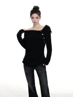 Off-Shoulder Buttoned Knit Sweater Top -Modern Wear Shop 53617271c102beb76443f12518f5970c