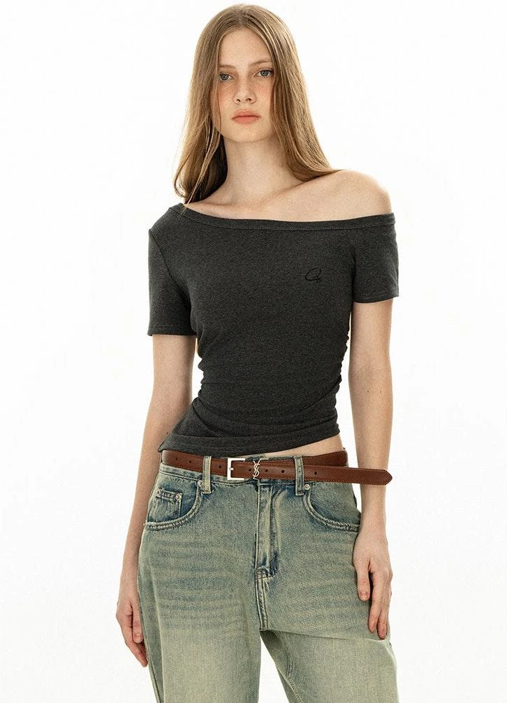 Asymmetric Neckline Slim Short Sleeve Crop Top 3 Asymmetric Neckline Slim Short Sleeve Crop Top - Image 3