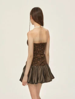 Leopard Print Strapless Mini Dress With Satin Bubble Hem Detailing -Modern Wear Shop 5408a9d78f19ffac96b7ac722a149b29