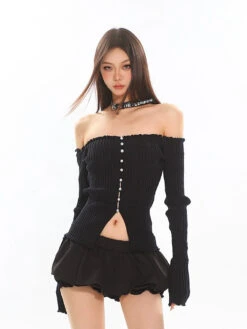 Off-Shoulder Ribbed Crop Top With Pearl Button Detail -Modern Wear Shop 543b7e8e451b60545af30bef74a8edf3