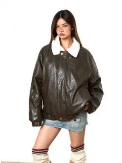 Fleece Lined Glossy Faux Leather Oversized Jacket -Modern Wear Shop 54554d40dd9da2adf9b4a12ec26208d8
