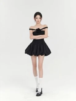 Off-Shoulder Balloon Mini Dress With Floral Accent -Modern Wear Shop 54760d7f3d154e598cfac1c04406487c