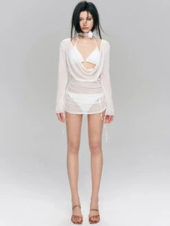 Sheer Ruched Drawstring Blouse And Bikini Set -Modern Wear Shop 54b2265140a67ec830e06015b24e3893