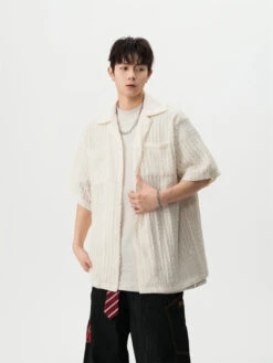 Sheer Open Knit Short Sleeve Button Up Shirt With Chest Pockets -Modern Wear Shop 54b6db9eb4cbc63fe344861a630833c5