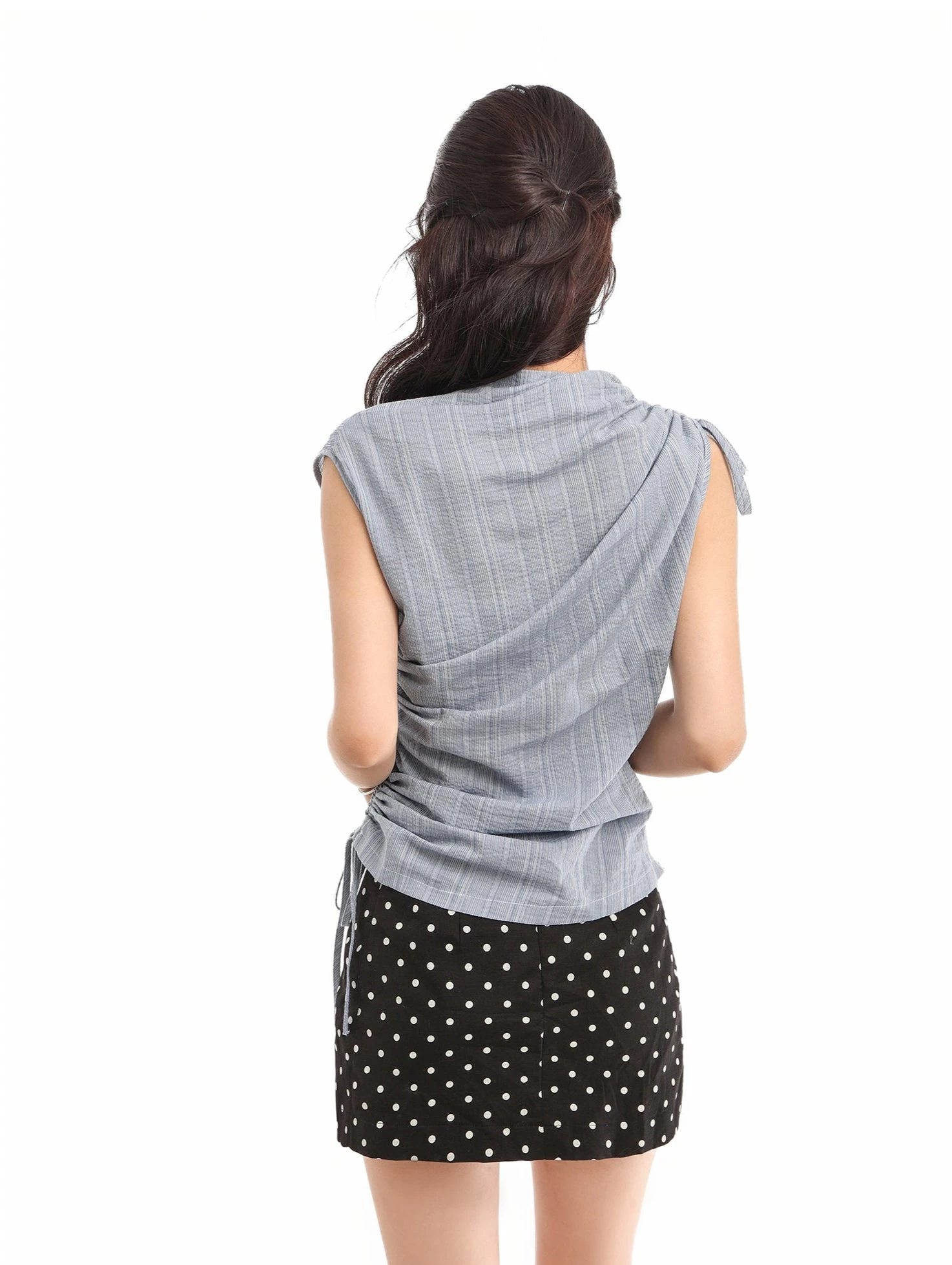 Ruched Side And Shoulder Sleeveless Top With Subtle Stripe Texture 4 Ruched Side And Shoulder Sleeveless Top With Subtle Stripe Texture - Image 4