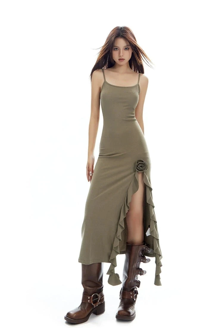 Sleeveless Bodycon Midi Dress With Side-Split Rose Detail 2 Sleeveless Bodycon Midi Dress With Side-Split Rose Detail - Image 2