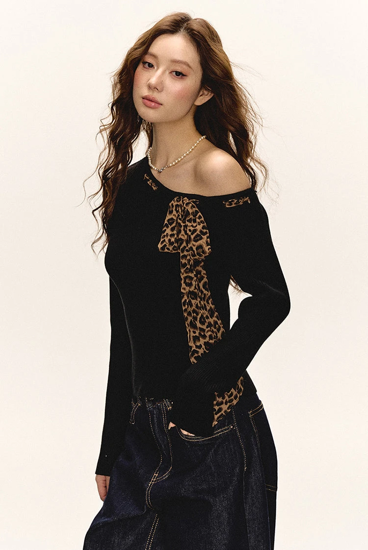 One-Shoulder Ribbed Top With Leopard Print Bow Detail 4 One-Shoulder Ribbed Top With Leopard Print Bow Detail - Image 4