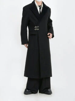 Oversized Velvet-Lapel Long Coat With Metal Buckles -Modern Wear Shop 55c4c87cafa726ad6c6f8f960aca3a00