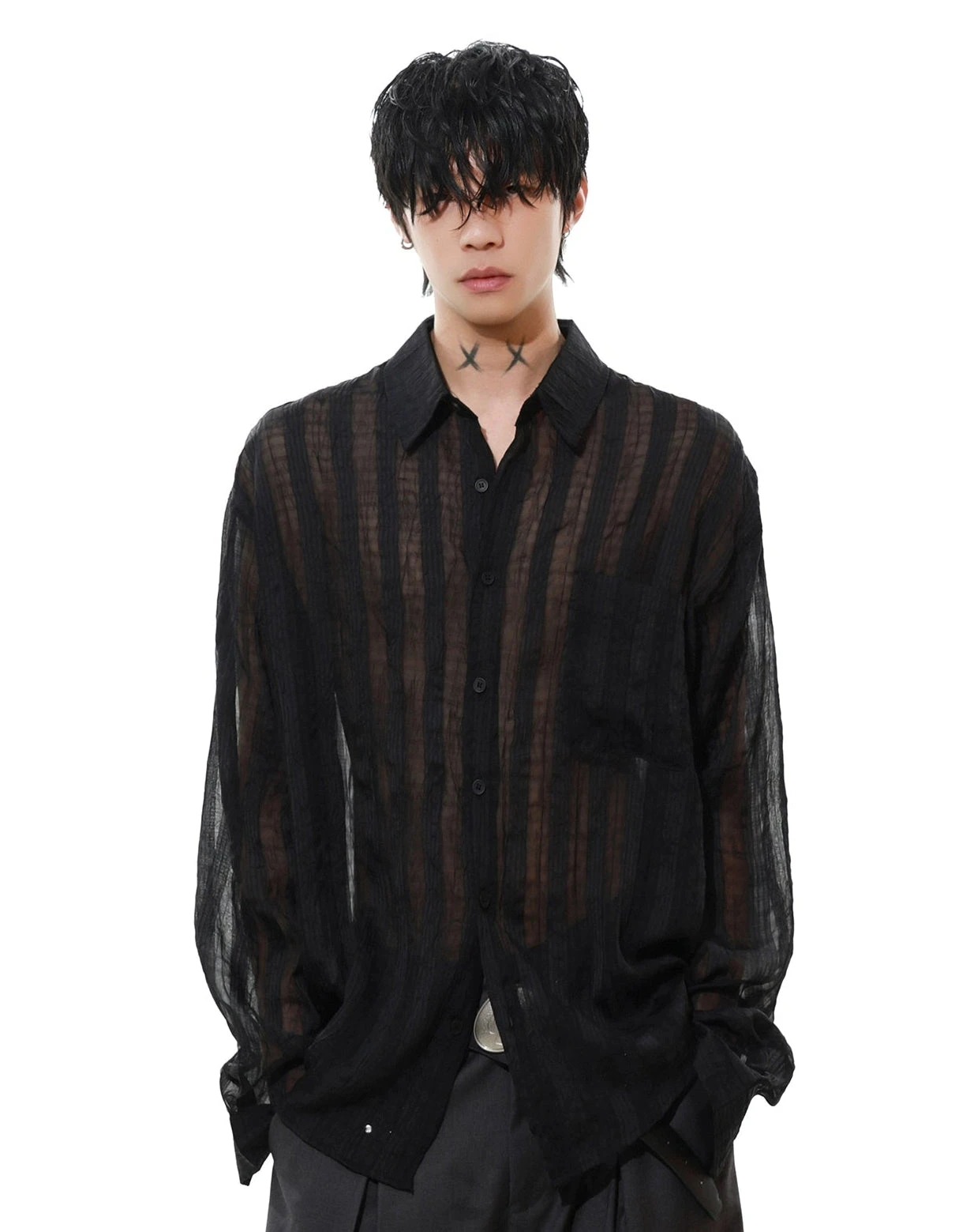 Sheer Striped Button-Up Long Sleeve Shirt With Chest Pocket 5 Sheer Striped Button-Up Long Sleeve Shirt With Chest Pocket - Image 5