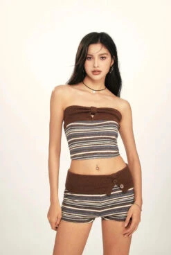 Fold Over Button Stripe Fuzzy Shorts -Modern Wear Shop 55ec8f186efaeb66e229e2ed3840d4ab