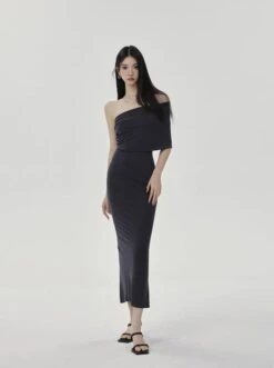 One-Shoulder Ruched Layered Midi Dress -Modern Wear Shop 55f774e68ed317a0f66dced078f33e42
