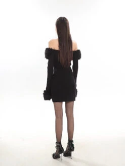 Off-Shoulder Faux Fur Trim Mini Dress -Modern Wear Shop 563482ba7af2751835c8fa978b67c4cd