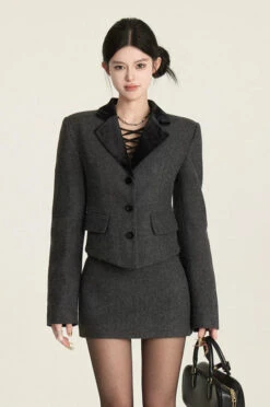 Structured Blazer With Contrast Velvet Lapel And Button Front