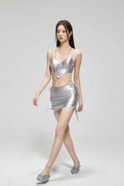Metallic Silver Swim Set With Side-Tie Skirt -Modern Wear Shop 564761a1e8f3835c7fd72d616195df28