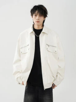 Oversized Leather Collared Bomber Jacket With Zip Pockets -Modern Wear Shop 5654daf7fcf79db3ca1508c59584bfc6