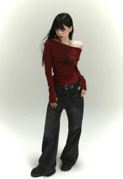 Off-Shoulder Long Sleeve Tattoo Print Top -Modern Wear Shop 56597c4b63bbdaa4e34d6847abc50a57