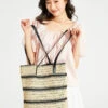 Woven Striped Tote With Leather Handles