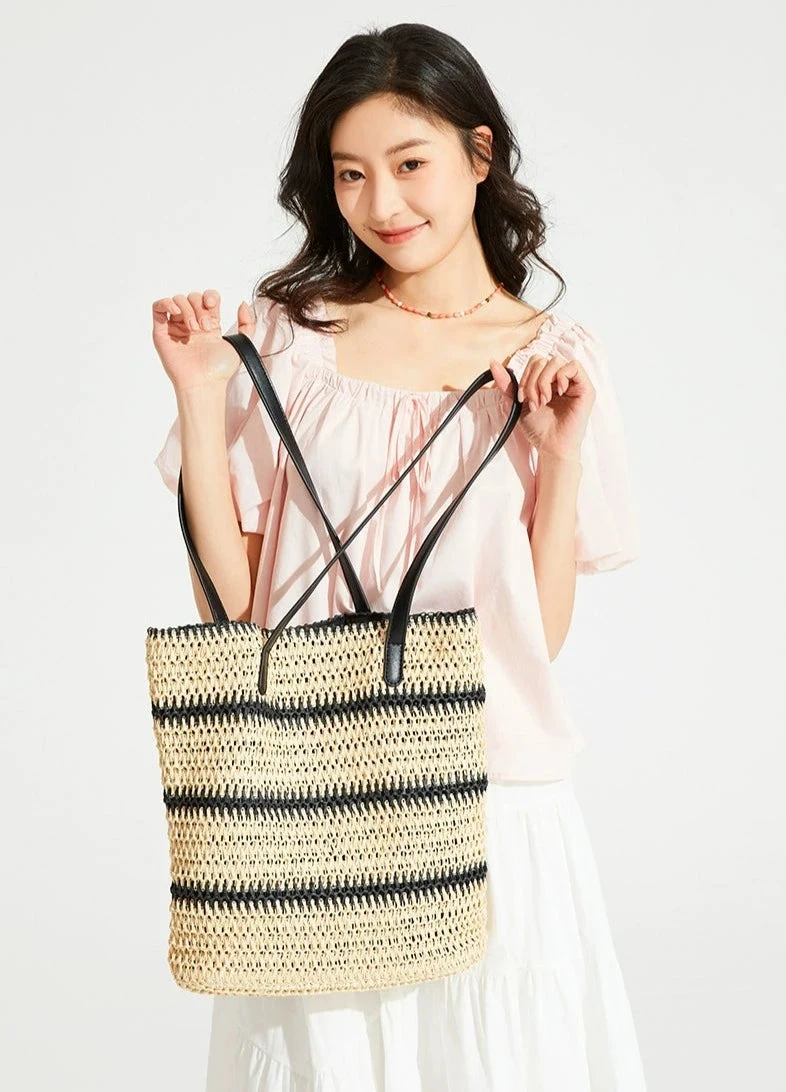 Woven Striped Tote With Leather Handles 1 Woven Striped Tote With Leather Handles
