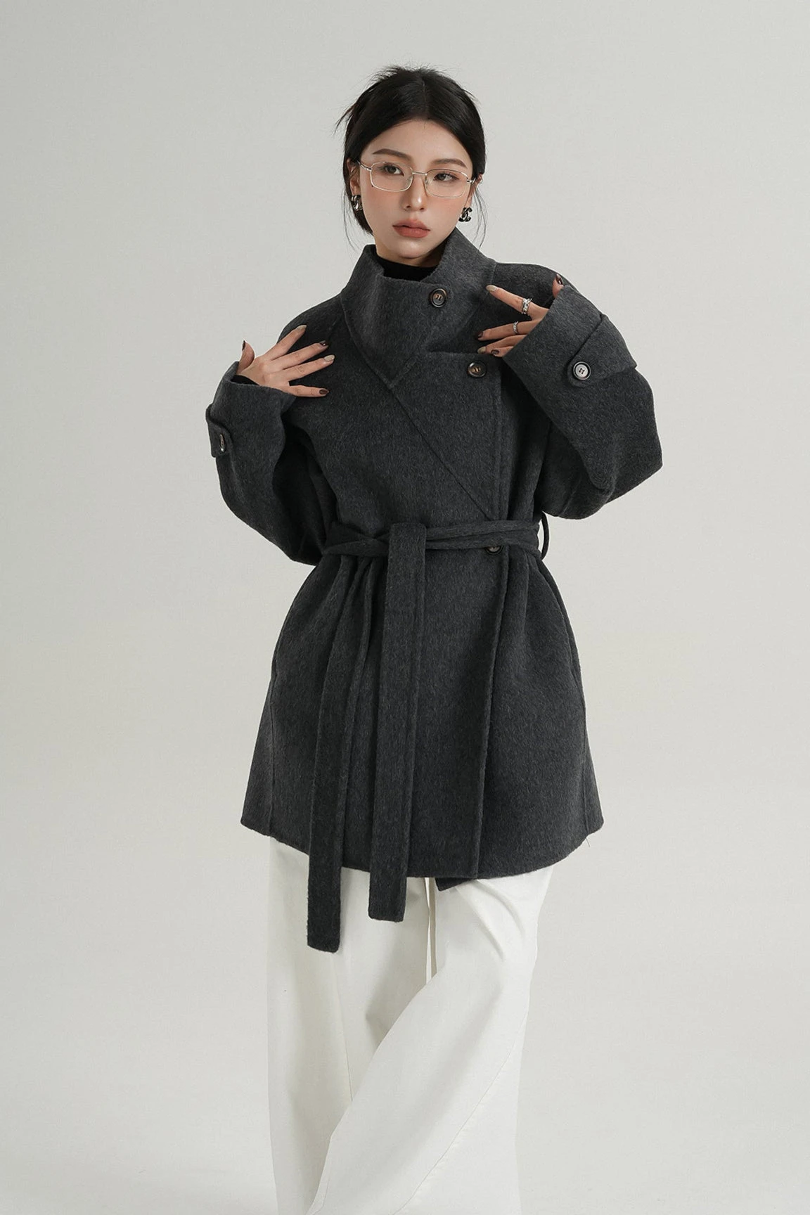 High Collar Asymmetric Button Coat With Belt 9 High Collar Asymmetric Button Coat With Belt - Image 9