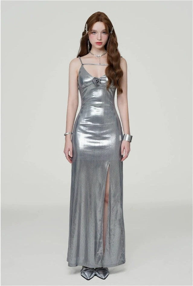 Metallic Sheen Slip Dress With Thigh-High Split 4 Metallic Sheen Slip Dress With Thigh-High Split - Image 4