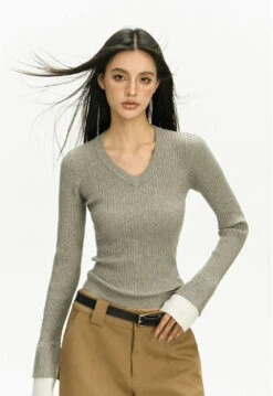 Ribbed V-Neck Two Tone Long Sleeve Knit Top 32 Ribbed V-Neck Two Tone Long Sleeve Knit Top -Modern Wear Shop 57d83fe49bea8de2e01606bd1bee23c8