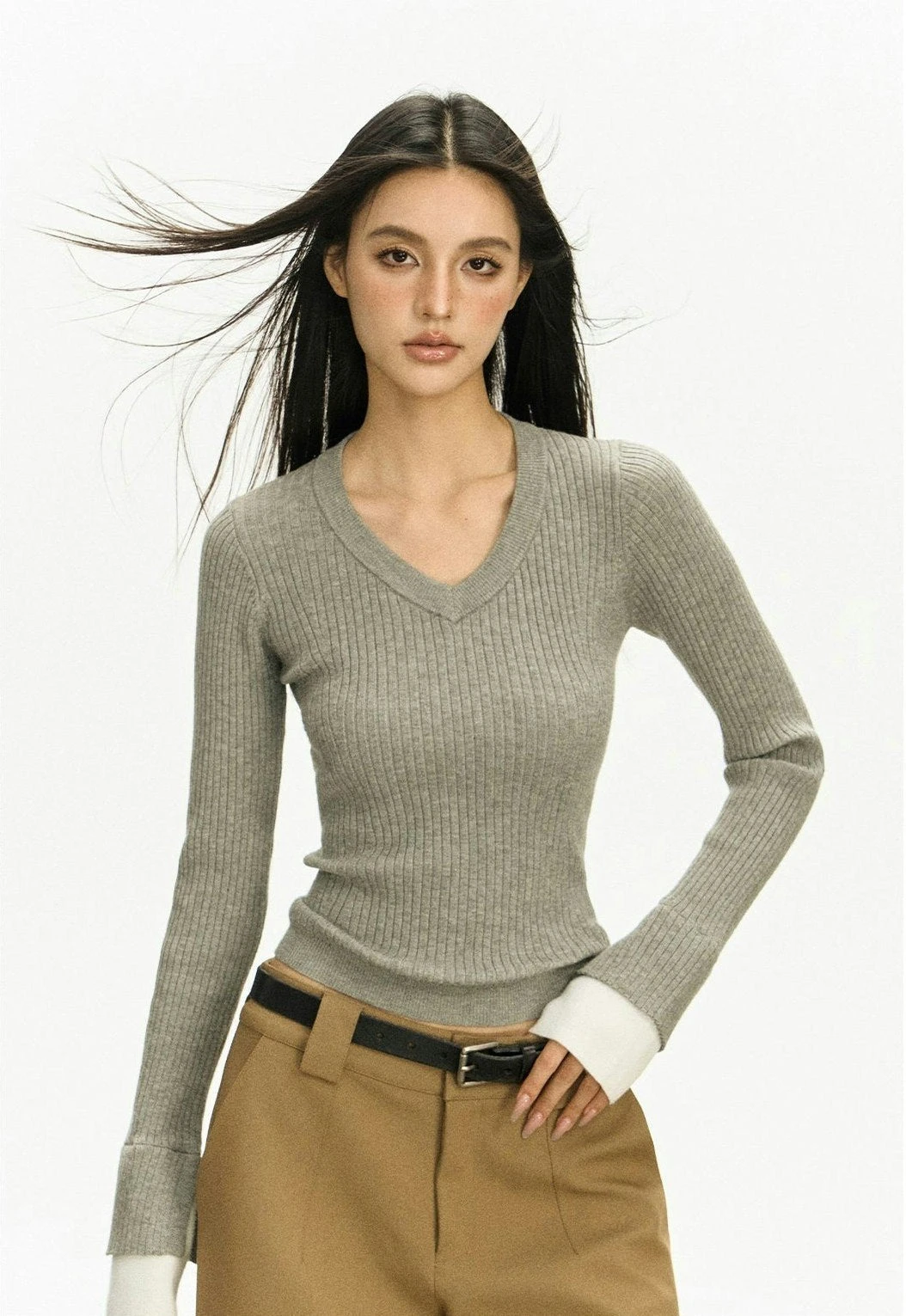Ribbed V-Neck Two Tone Long Sleeve Knit Top 13 Ribbed V-Neck Two Tone Long Sleeve Knit Top - Image 13