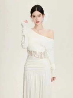 Off Shoulder Lace Panel Top And Ruched Waist Maxi Skirt Two-Piece Set -Modern Wear Shop 57ddc8bf29173933a4def6e2427b8c34